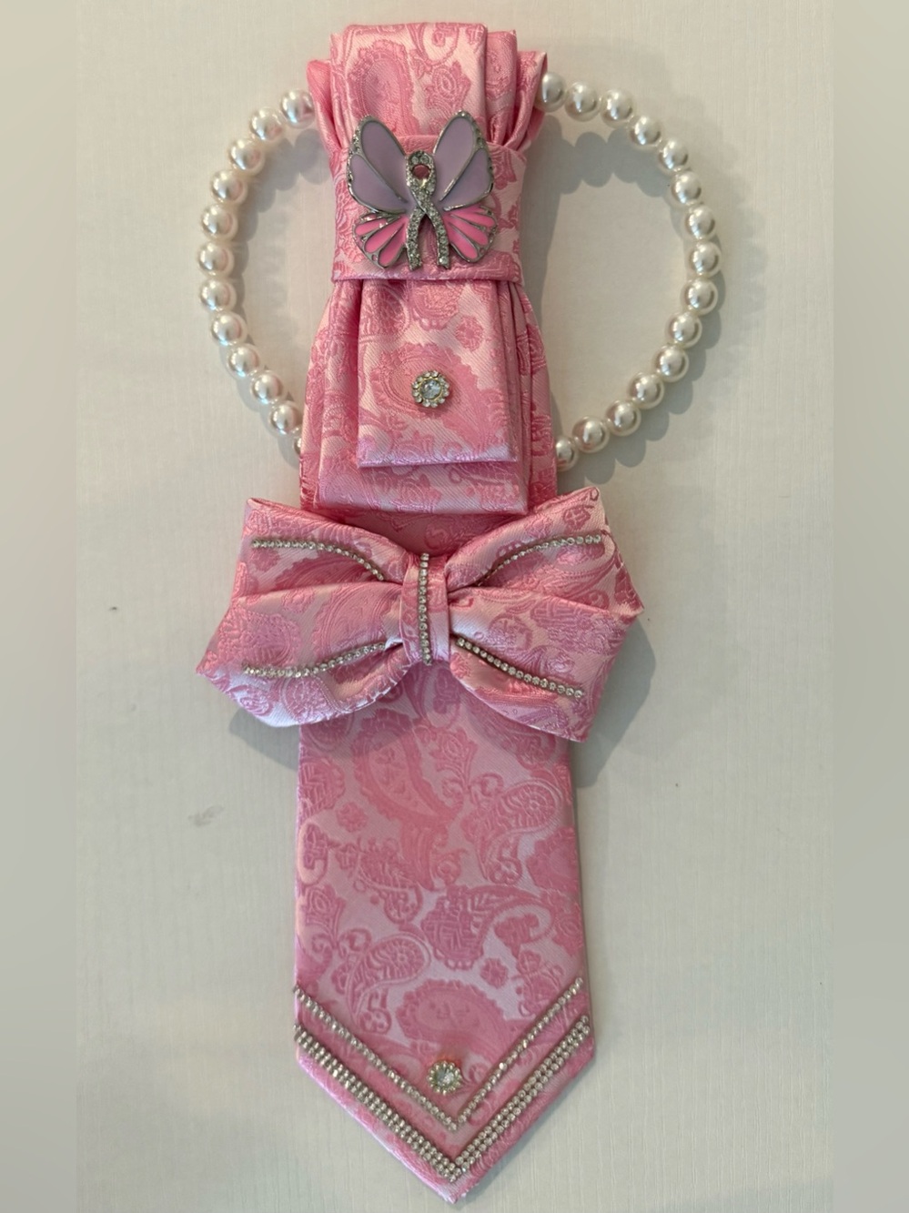Breast Cancer Awareness Tie Necklace w Butterfly and Ribbon Rhinestone Brooch